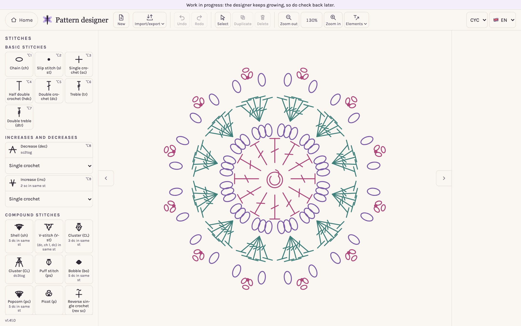 The pattern designer interface in English: in the middle, a colourful round chart — a magic ring, twelve pink double crochets around it, purple chain arches, twelve teal shells and pink picots along the edge; on the left, the stitch palette.