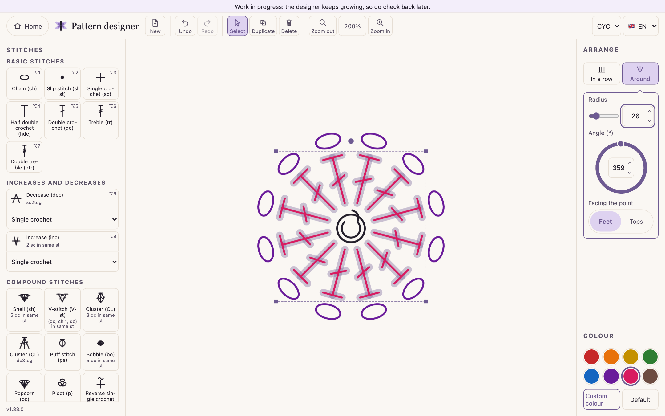 Free-form design in the pattern designer: a magic ring in the middle, twelve pink double crochets around it with their feet pointing in, and twelve purple chains outside them; on the right, the Arrange panel set to Around with a radius and an angle, and the Colour panel below it.