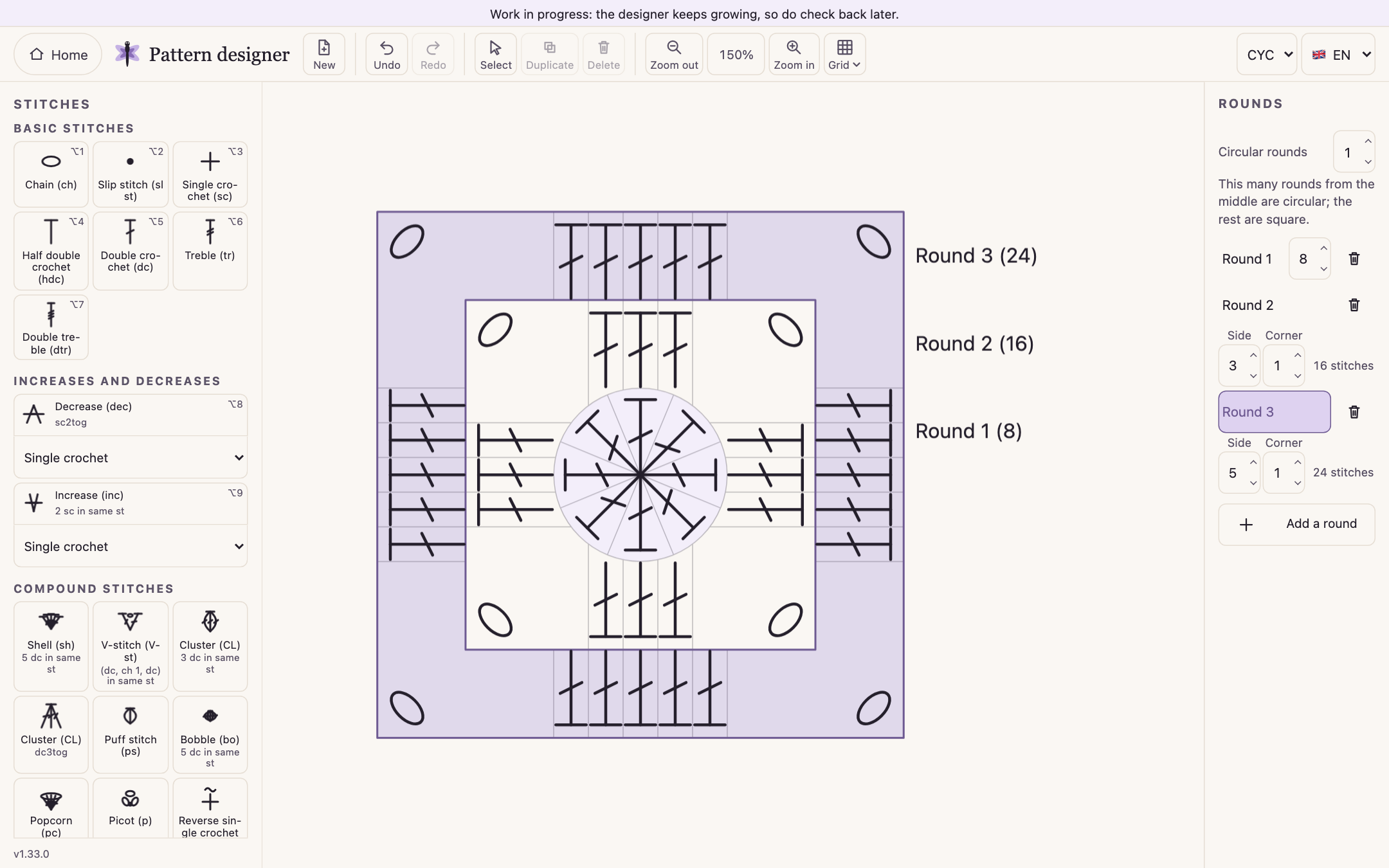 The pattern designer interface in English: in the middle, a three-round granny square chart with eight double crochets in round 1, double crochets along the sides of rounds 2 and 3 and chains in the corners; on the right, the Rounds panel with side and corner counts per round; on the left, the stitch palette.
